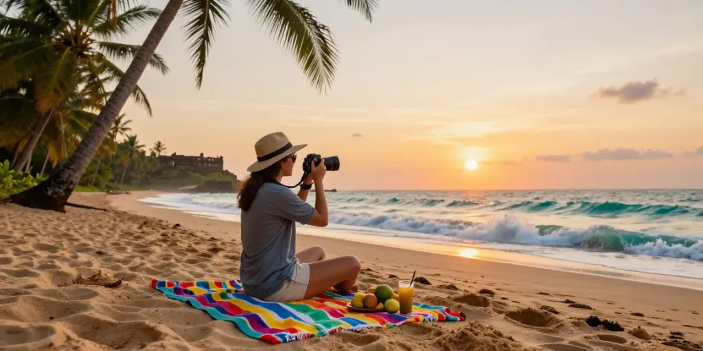 Sri Lanka package from Delhi showing a traveler at a beautiful beach during sunset, capturing the vibrant landscape.