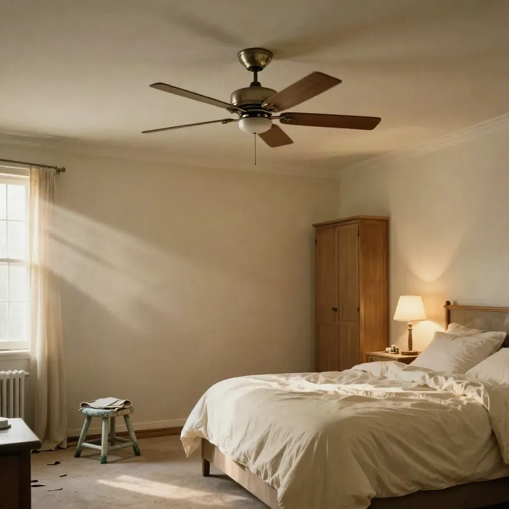 Brushed-nickel ceiling fan replacement in a cream bedroom with drop cloths and a stool.