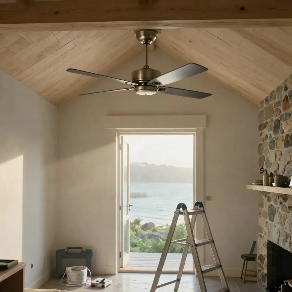Rain-washed coastal living room with a balanced brushed-silver ceiling fan, ladder, wire, and tool case.