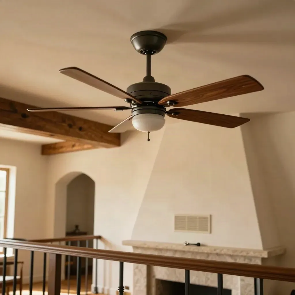 Dark balanced ceiling fan high in a vaulted great room with balancing weights and a vent below.
