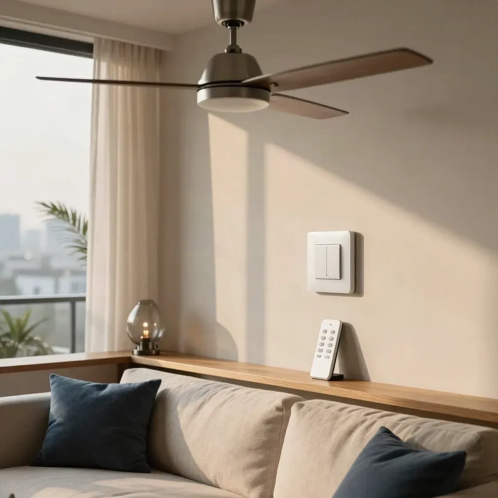 Condo living room with upgraded ceiling fan, smart wall switch, and remote cradle in cool daylight.