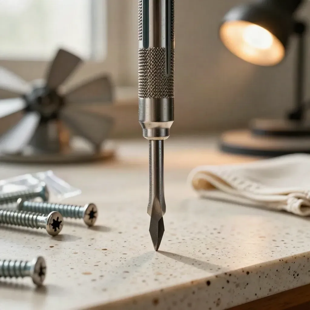 Macro of a precision screwdriver, balancing weights, and set screws on travertine.