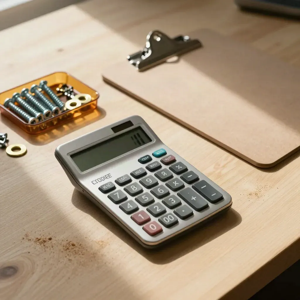 Calculator, screw kit, and face-down clipboard on a pale oak workbench in soft side light.