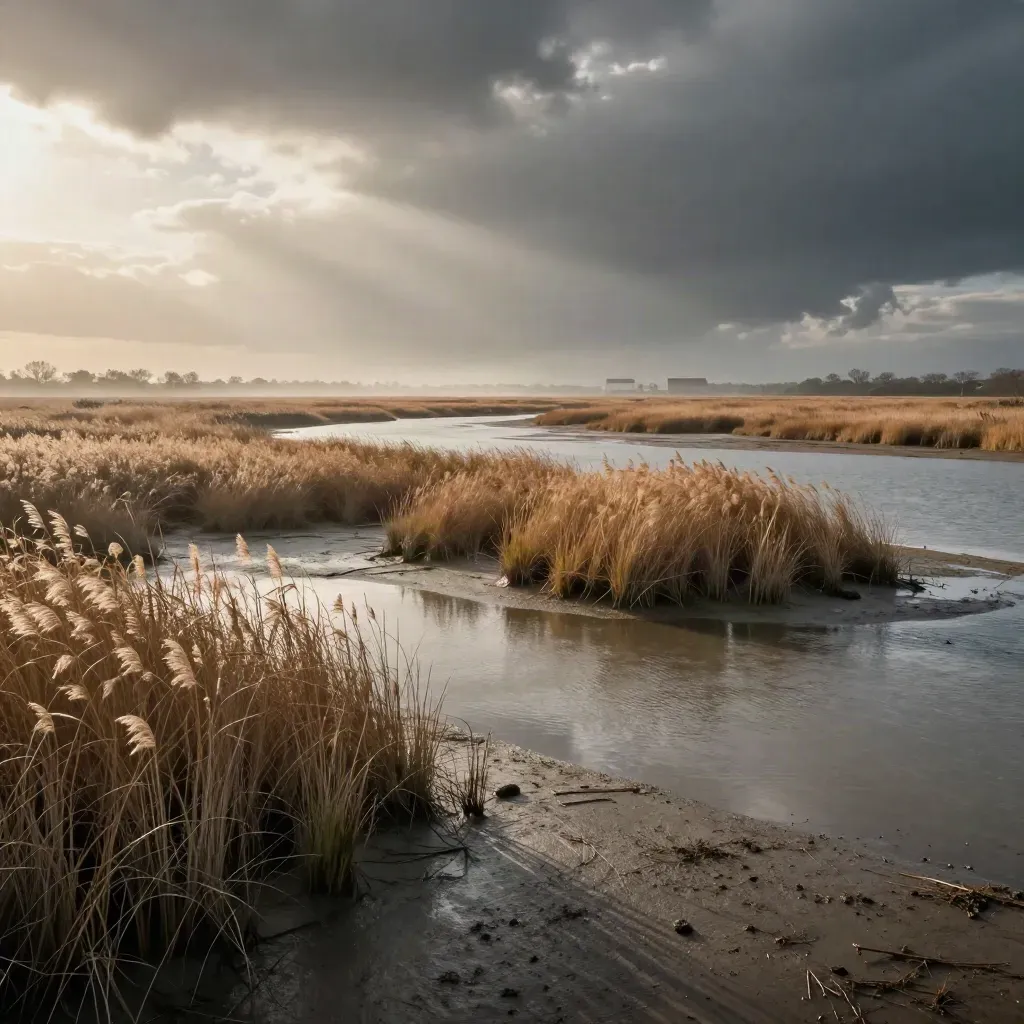 Wetland marsh at sunset with distant low buildings, mist, silver water, and open sky.